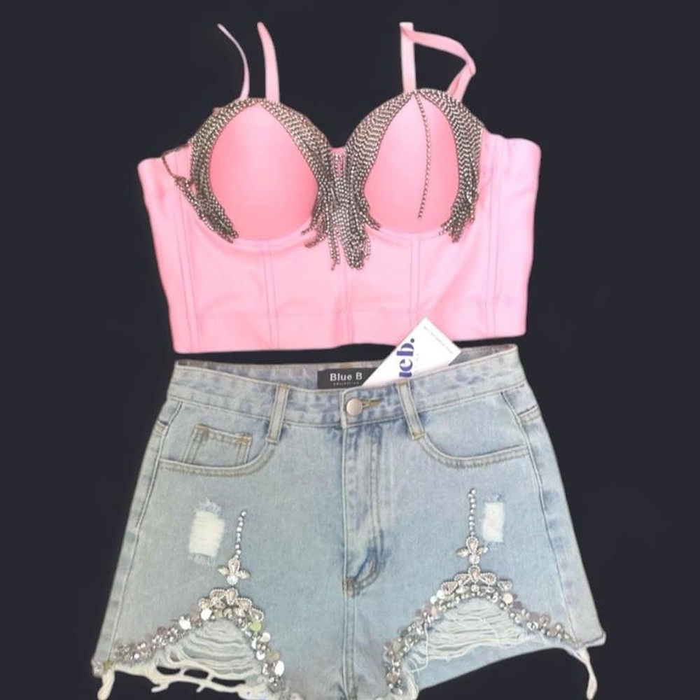 Pink Embellished Bustier Chic Crop Top & BlueB Rhinestone Denim Shorts. S/M